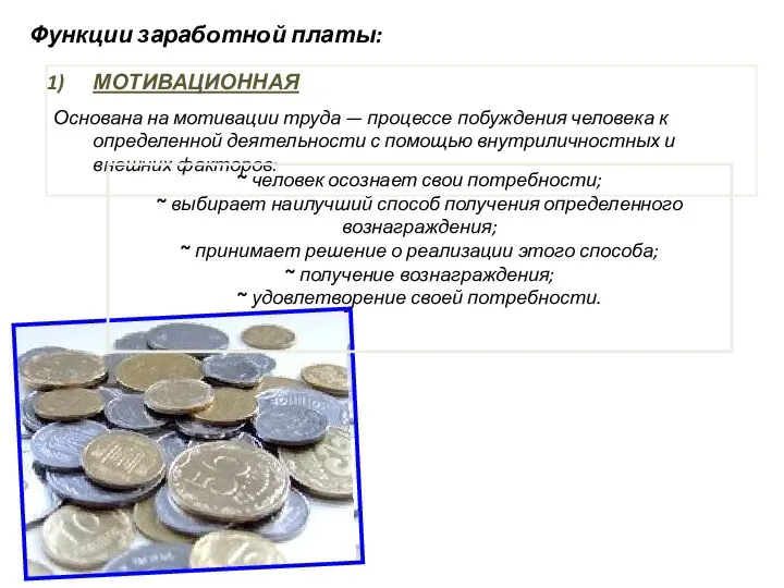 Функции заработной платы: МОТИВАЦИОННАЯ Основана на мотивации труда — процессе побуждения