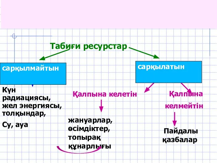 Табиғи ресурстар Күн радиациясы, жел энергиясы, толқындар, Су, ауа Қалпына келетін