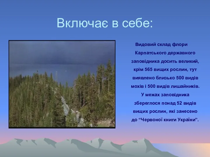 Включає в себе: Видовий склад флори Карпатського державного заповідника досить великий,