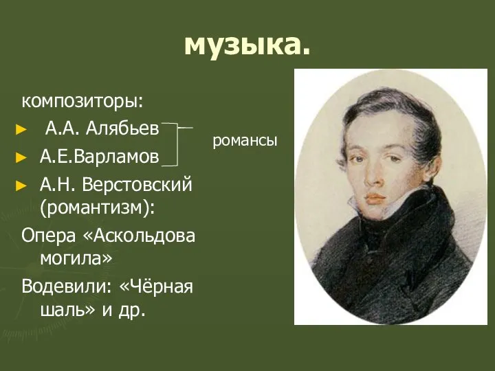 музыка. композиторы: А.А. Алябьев А.Е.Варламов А.Н. Верстовский (романтизм): Опера «Аскольдова могила»