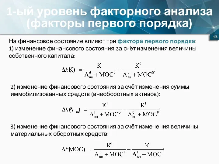 1-ый уровень факторного анализа (факторы первого порядка) На финансовое состояние влияют