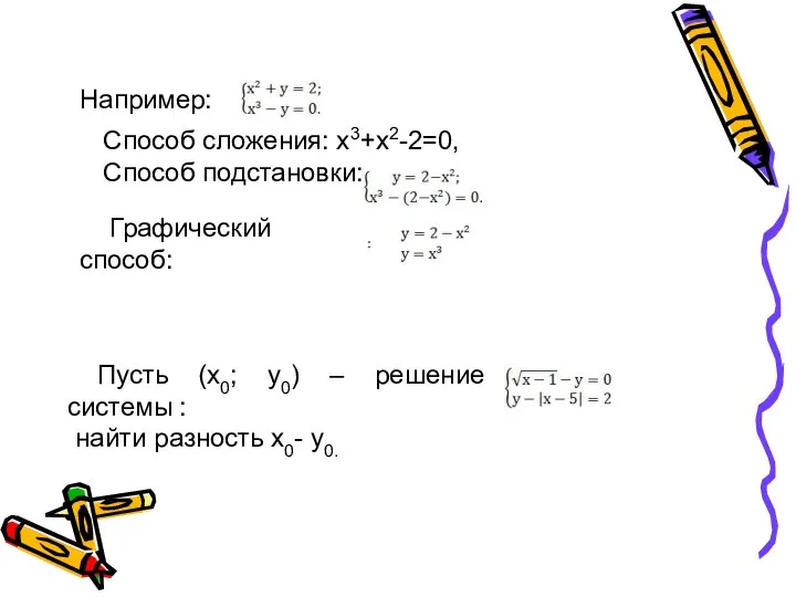 Например: Способ сложения: х3+х2-2=0, Способ подстановки: Графический способ: Пусть (х0; у0)