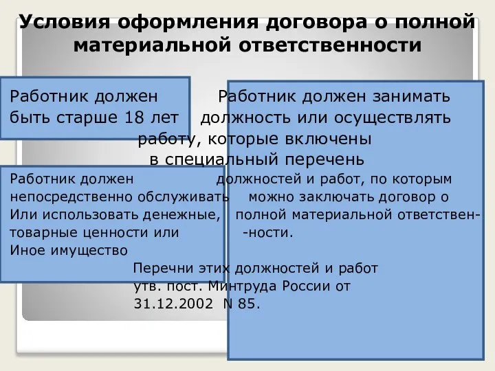 Условия оформления договора о полной материальной ответственности Работник должен Работник должен