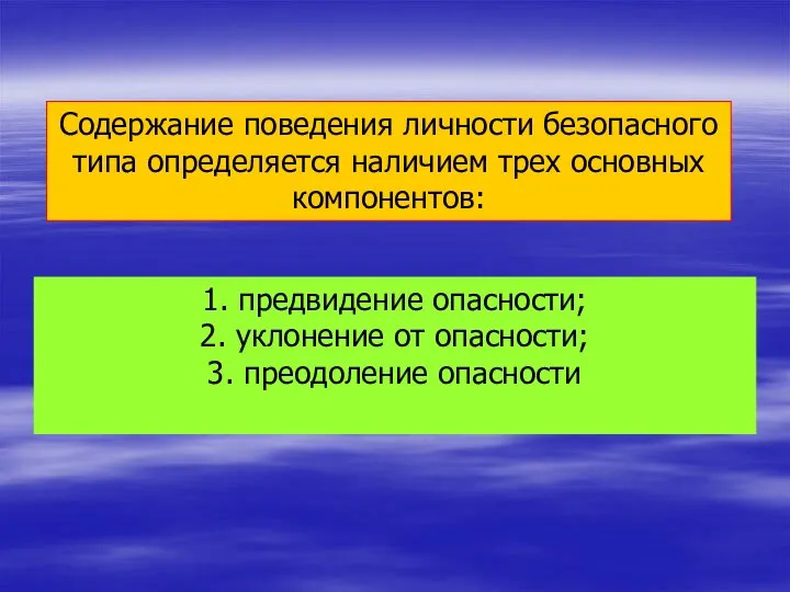 Содержание поведения личности безопасного типа определяется наличием трех основных компонентов: 1.