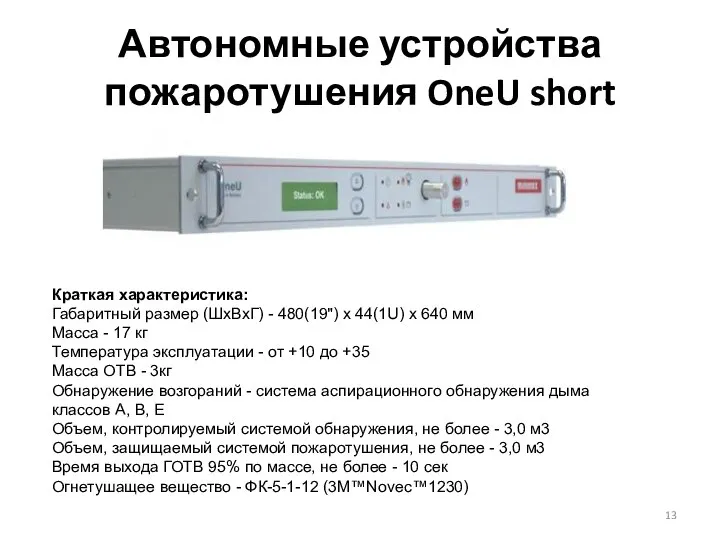 Автономные устройства пожаротушения OneU short Краткая характеристика: Габаритный размер (ШхВхГ) -