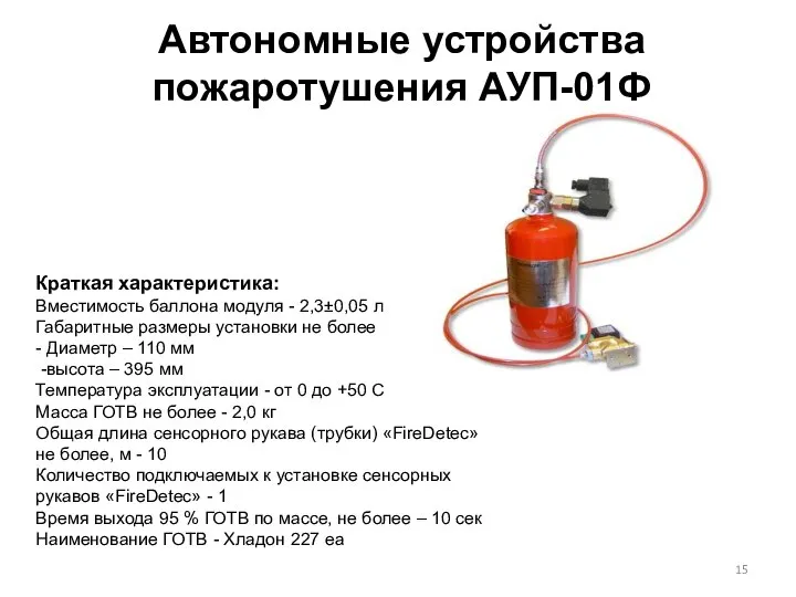 Автономные устройства пожаротушения АУП-01Ф Краткая характеристика: Вместимость баллона модуля - 2,3±0,05