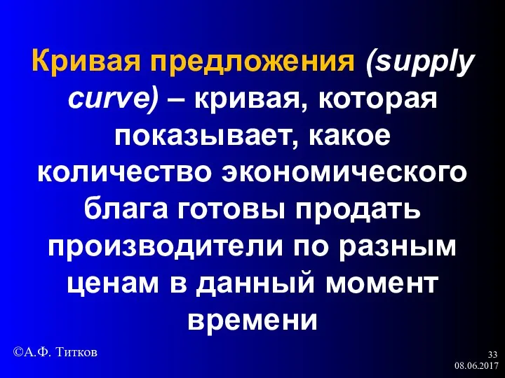 08.06.2017 Кривая предложения (supply curve) – кривая, которая показывает, какое количество