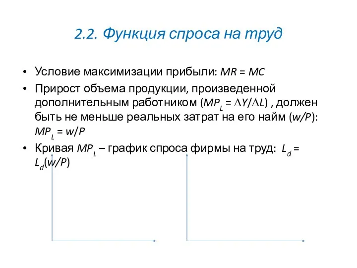 2.2. Функция спроса на труд Условие максимизации прибыли: MR = MC