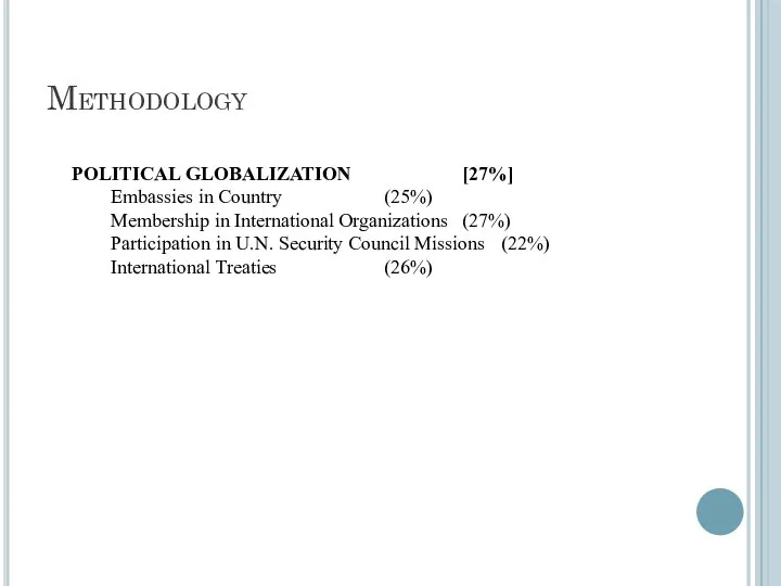 Methodology POLITICAL GLOBALIZATION [27%] Embassies in Country (25%) Membership in International