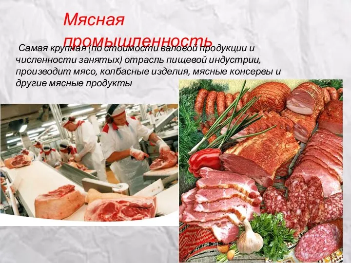 Мясная промышленность Самая крупная (по стоимо­сти валовой продукции и численности занятых)