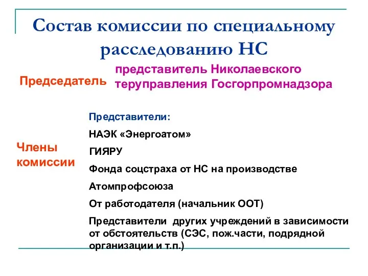 Состав комиссии по специальному расследованию НС представитель Николаевского теруправления Госгорпромнадзора Председатель