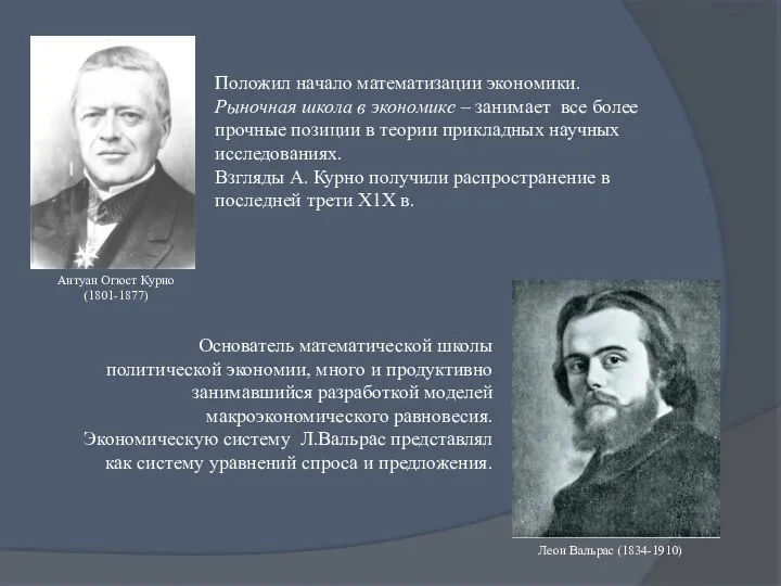 Антуан Огюст Курно (1801-1877) Положил начало математизации экономики. Рыночная школа в