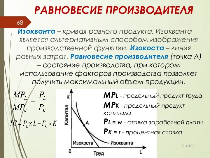 РАВНОВЕСИЕ ПРОИЗВОДИТЕЛЯ Изокванта – кривая равного продукта. Изокванта является альтернативным способом