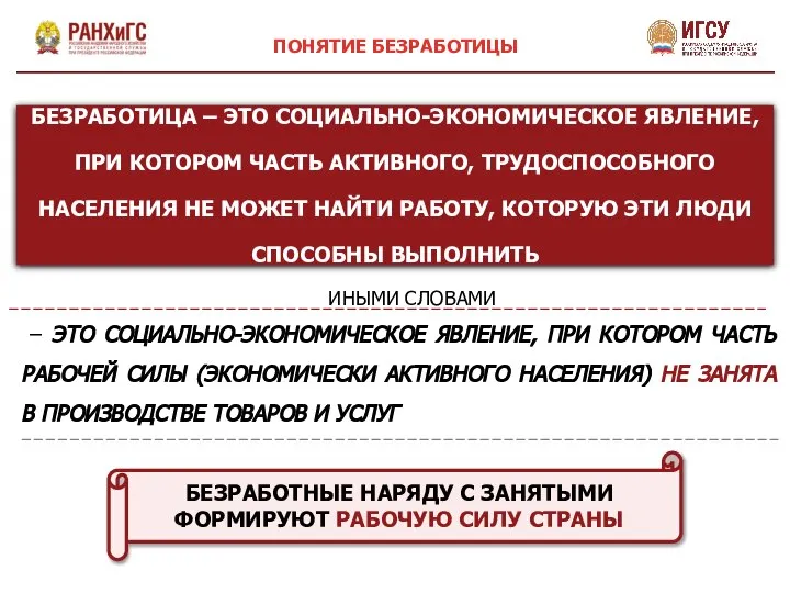 БЕЗРАБОТИЦА – ЭТО СОЦИАЛЬНО-ЭКОНОМИЧЕСКОЕ ЯВЛЕНИЕ, ПРИ КОТОРОМ ЧАСТЬ АКТИВНОГО, ТРУДОСПОСОБНОГО НАСЕЛЕНИЯ