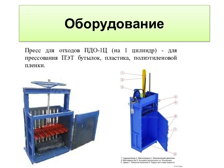 Оборудование Пресс для отходов ПДО-1Ц (на 1 цилиндр) - для прессования ПЭТ бутылок, пластика, полиэтиленовой пленки.