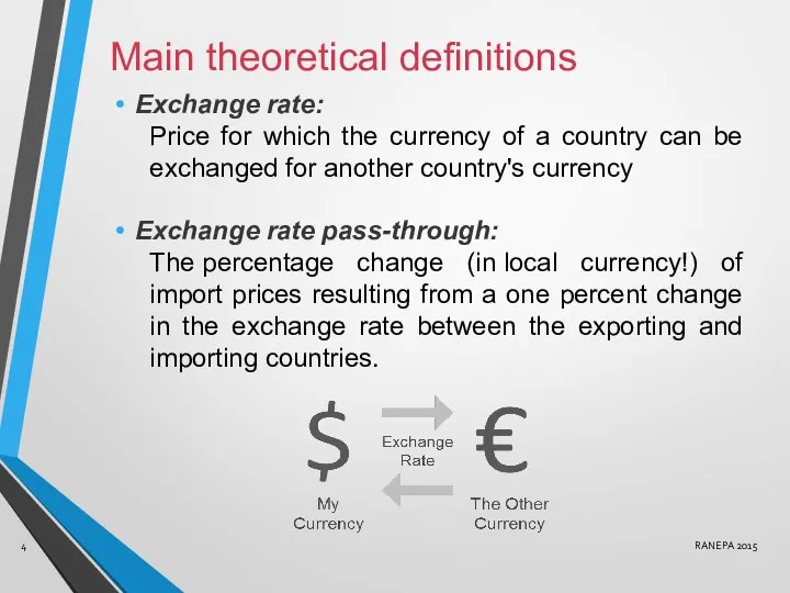 Main theoretical definitions Exchange rate: Price for which the currency of
