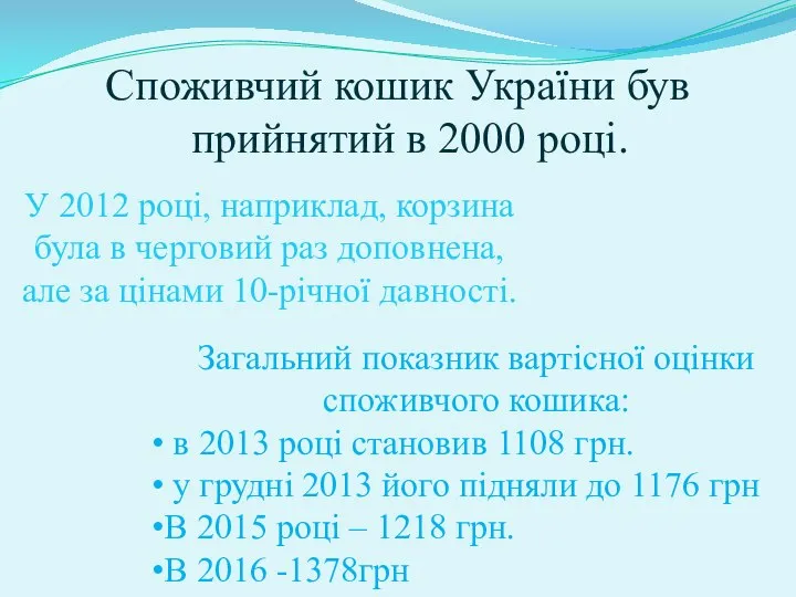 Споживчий кошик України був прийнятий в 2000 році. У 2012 році,