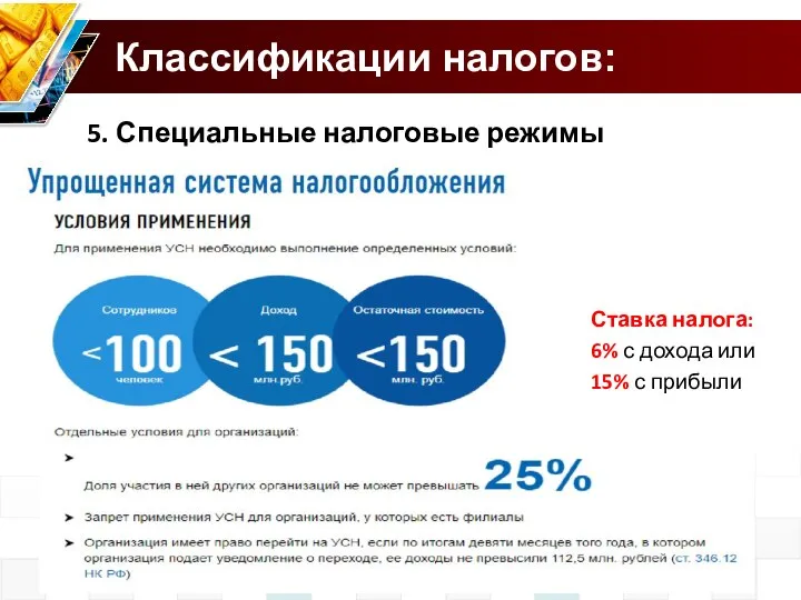 Классификации налогов: 5. Специальные налоговые режимы Ставка налога: 6% с дохода или 15% с прибыли