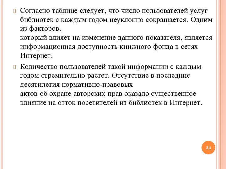 Согласно таблице следует, что число пользователей услуг библиотек с каждым годом