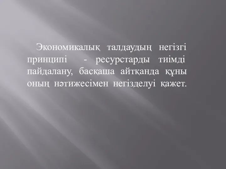 Экономикалық талдаудың негізгі принципі - ресурстарды тиімді пайдалану, басқаша айтқанда құны оның нәтижесімен негізделуі қажет.