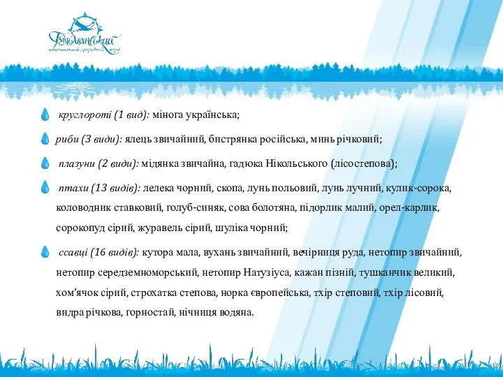 круглороті (1 вид): мінога українська; риби (3 види): ялець звичайний, бистрянка