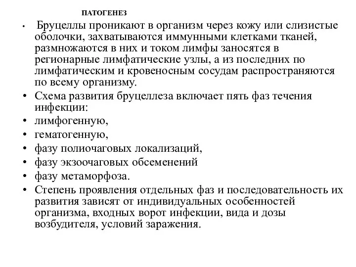 ПАТОГЕНЕЗ Бруцеллы проникают в организм через кожу или слизистые оболочки, захватываются