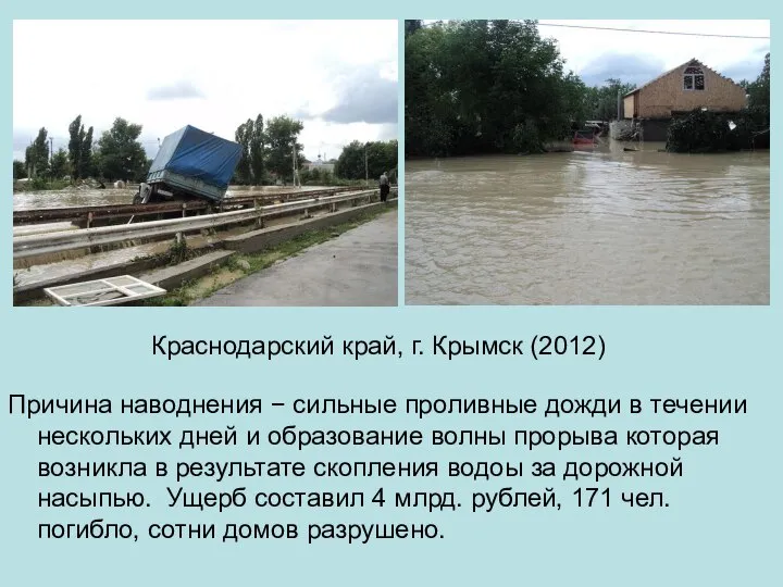 Краснодарский край, г. Крымск (2012) Причина наводнения − сильные проливные дожди