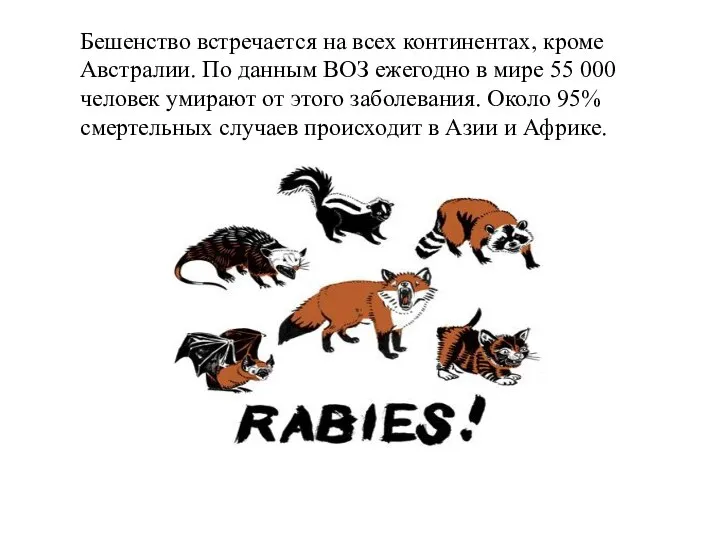 Бешенство встречается на всех континентах, кроме Австралии. По данным ВОЗ ежегодно