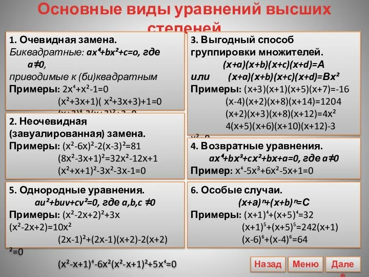 Основные виды уравнений высших степеней 1. Очевидная замена. Биквадратные: ax⁴+bx²+c=o, где