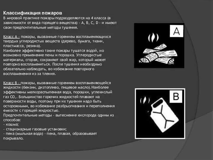 Классификация пожаров В мировой практике пожары подразделяются на 4 класса (в