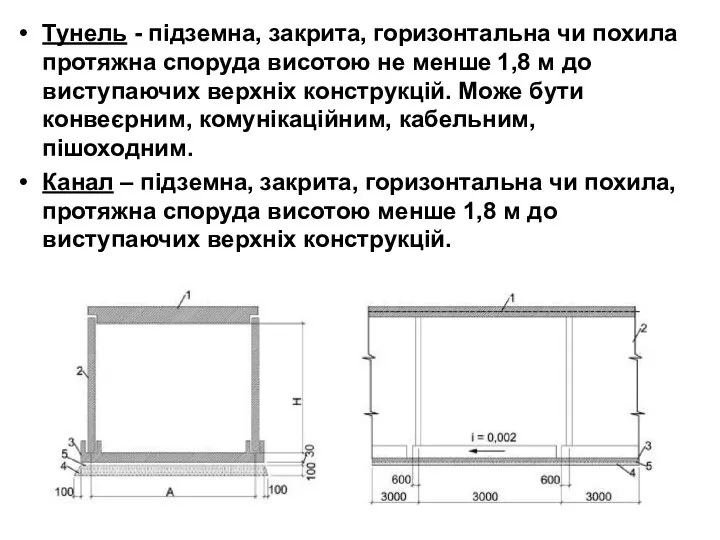 Тунель - підземна, закрита, горизонтальна чи похила протяжна споруда висотою не