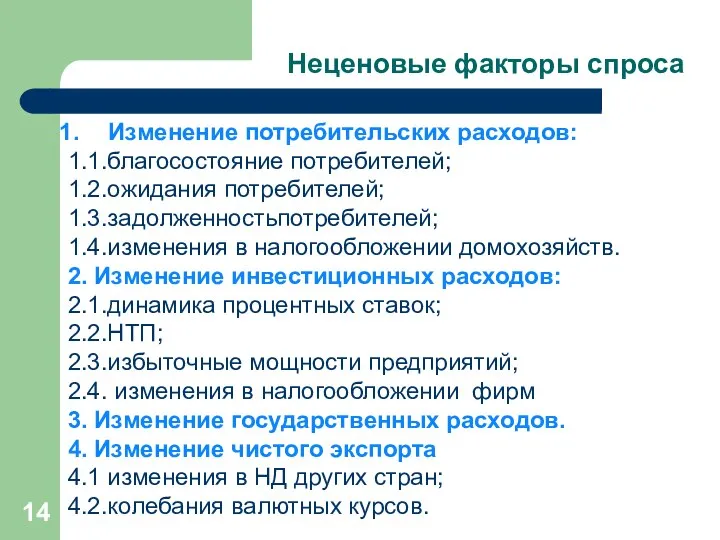 Изменение потребительских расходов: 1.1.благосостояние потребителей; 1.2.ожидания потребителей; 1.3.задолженностьпотребителей; 1.4.изменения в налогообложении