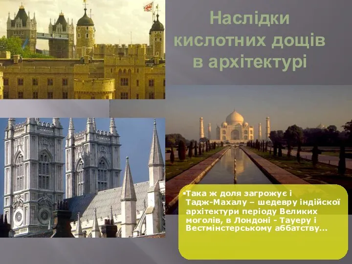 Наслідки кислотних дощів в архітектурі Така ж доля загрожує і Тадж-Махалу