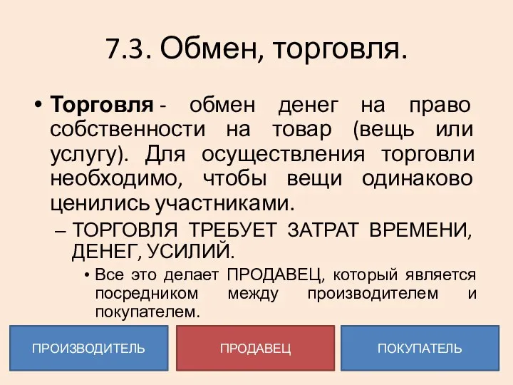 7.3. Обмен, торговля. Торговля - обмен денег на право собственности на