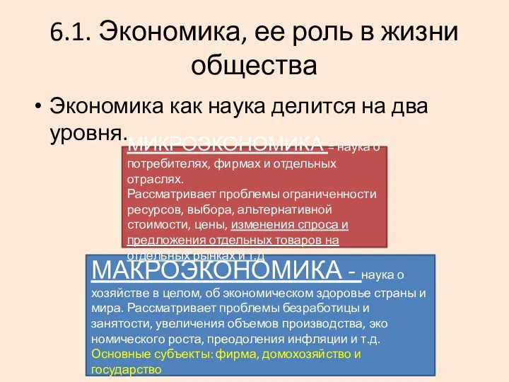 6.1. Экономика, ее роль в жизни общества Экономика как наука делится