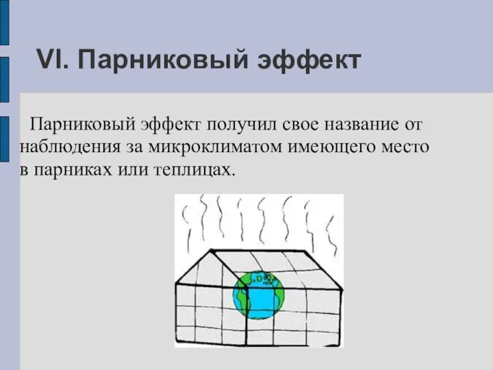 VI. Парниковый эффект Парниковый эффект получил свое название от наблюдения за