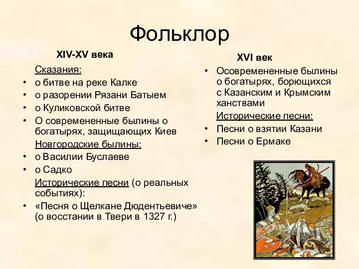 Фольклор Сказания: о битве на реке Калке о разорении Рязани Батыем