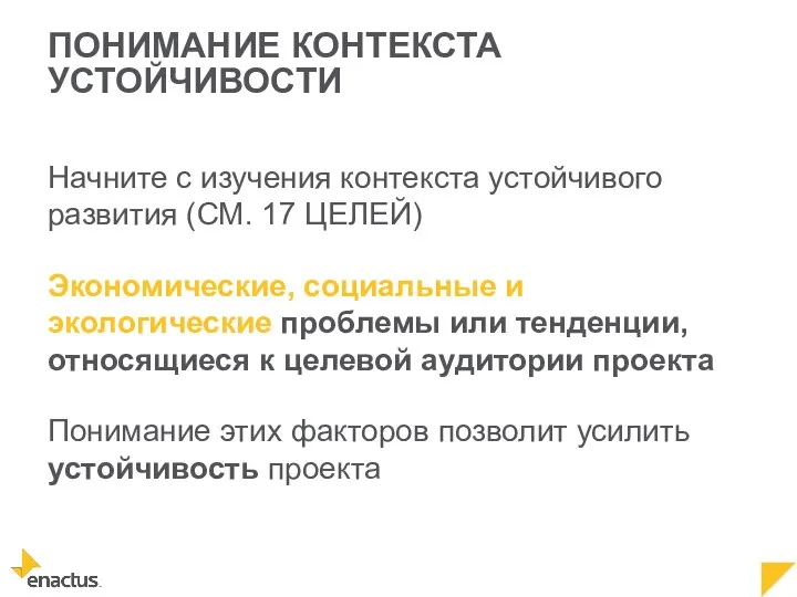 ПОНИМАНИЕ КОНТЕКСТА УСТОЙЧИВОСТИ Начните с изучения контекста устойчивого развития (СМ. 17