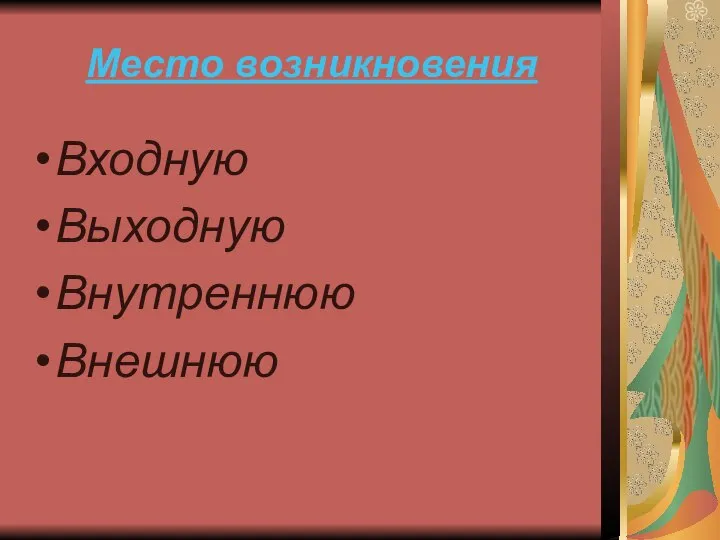 Место возникновения Входную Выходную Внутреннюю Внешнюю