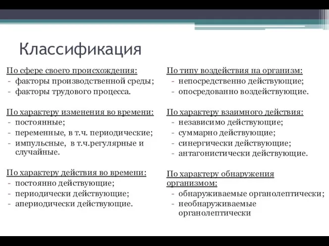 Классификация По сфере своего происхождения: факторы производственной среды; факторы трудового процесса.