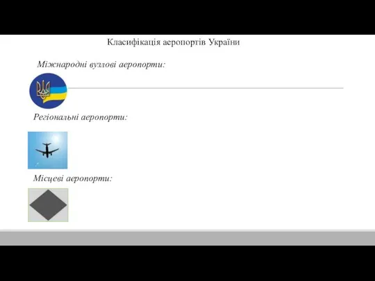 Класифікація аеропортів України Міжнародні вузлові аеропорти: Регіональні аеропорти: Місцеві аеропорти: