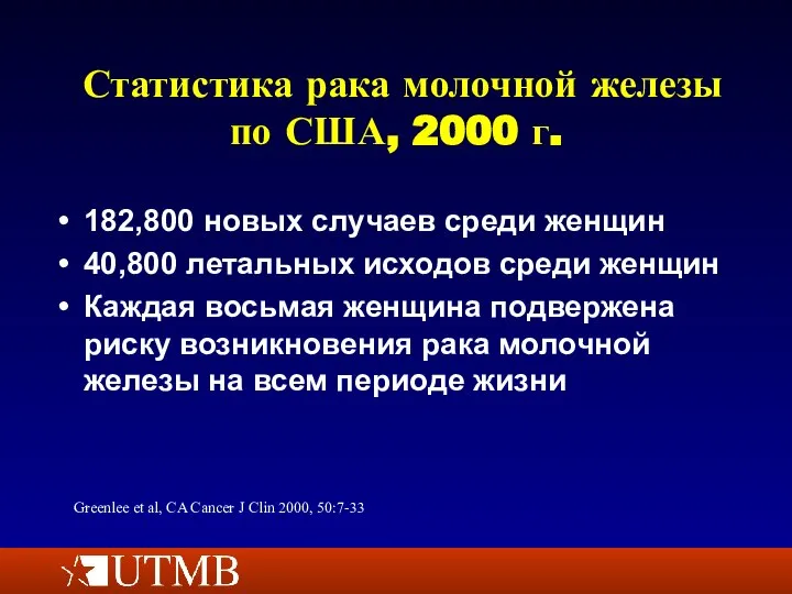 Статистика рака молочной железы по США, 2000 г. 182,800 новых случаев