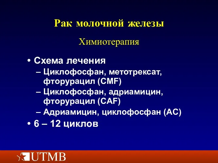 Рак молочной железы Схема лечения Циклофосфан, метотрексат, фторурацил (CMF) Циклофосфан, адриамицин,