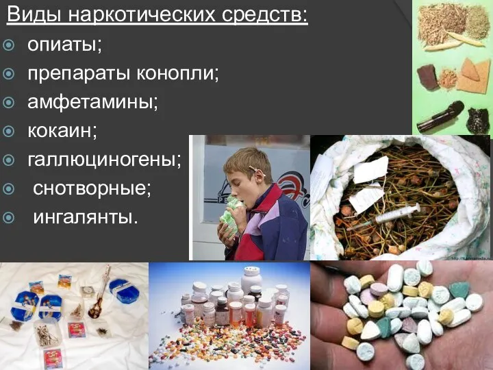Виды наркотических средств: опиаты; препараты конопли; амфетамины; кокаин; галлюциногены; снотворные; ингалянты.