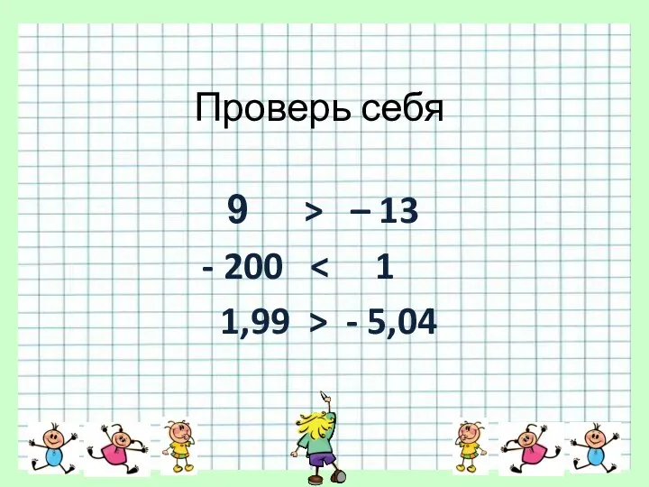 Проверь себя > – 13 - 200 1,99 > - 5,04