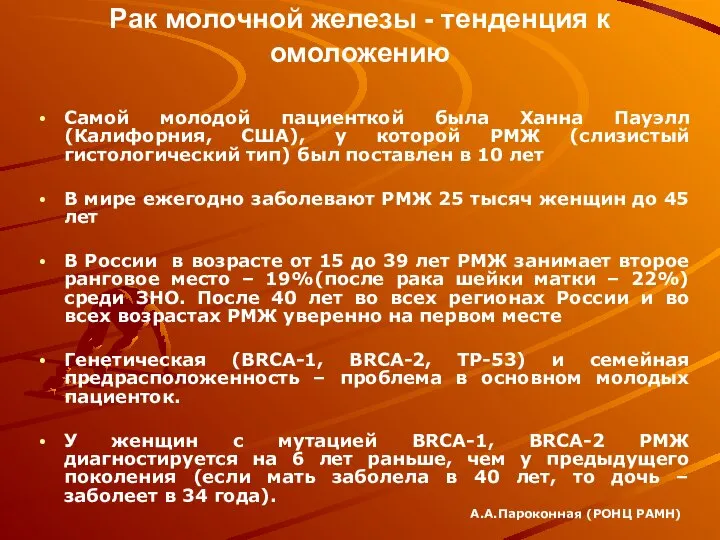 Рак молочной железы - тенденция к омоложению Самой молодой пациенткой была