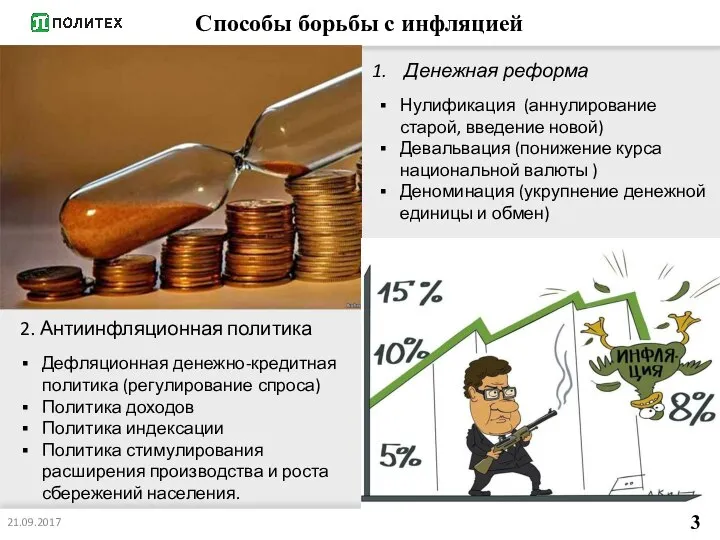 Способы борьбы с инфляцией 21.09.2017 3 Денежная реформа Нулификация (аннулирование старой,