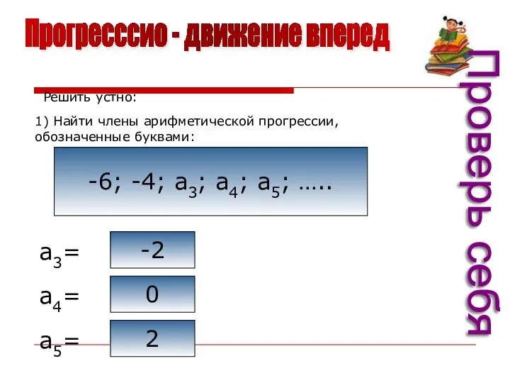 Прогресссио - движение вперед Решить устно: 1) Найти члены арифметической прогрессии,