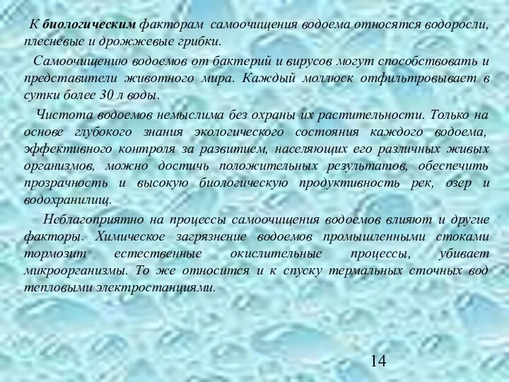 К биологическим факторам самоочищения водоема относятся водоросли, плесневые и дрожжевые грибки.