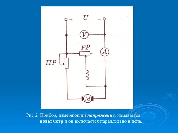 Рис 2. Прибор, измеряющий напряжение, называется вольтметр и он включается параллельно в цепь.